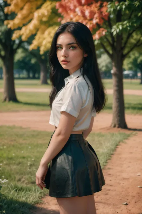 a woman in a white shirt and black skirt standing in a park