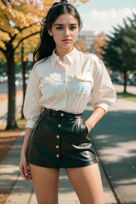 a woman in a white shirt and black leather skirt posing for a picture