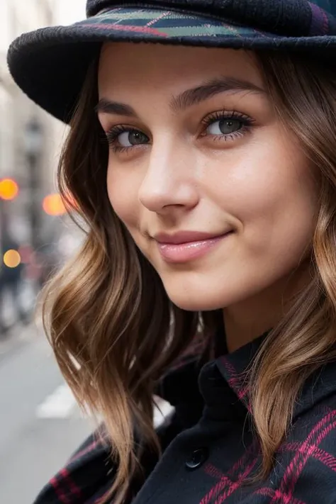 closeup portrait of L1vvyLuvTI, cute, dark eyes, blushing, dimples, chiseled face, toned physique, skinny, (freckles)0.5, (medium wavy hairstyle, (dark brown with blonde streaks)), tartan flannel shirtdress, bowler hat, street, pov face