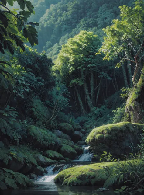 a painting of a stream running through a lush green forest