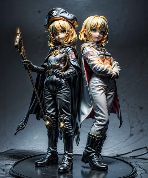 two figurines of two women dressed in costumes and holding swords