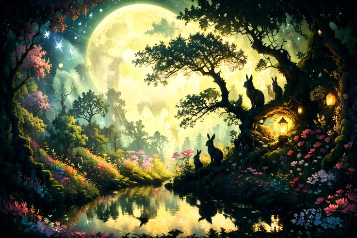 Imagine a serene and mystical forest clearing under a full moons soft glow. In the heart of this enchanted landscape, a grand, ancient oak tree stands tall, its branches stretching wide and adorned with glowing lanterns, casting gentle light upon the surro...