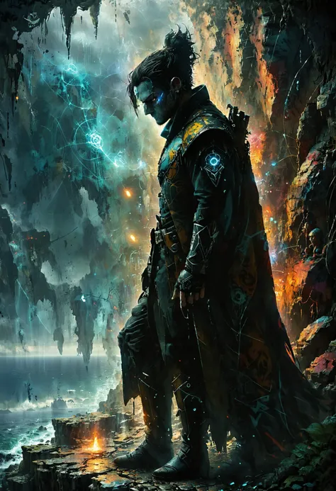 a man in a sci - fiction suit standing in front of a cave