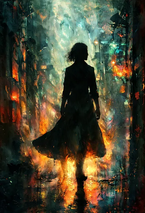 a painting of a woman walking down a street in the rain