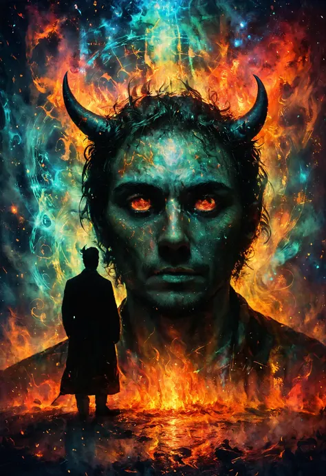 a man standing in front of a fire and flames with a demon face