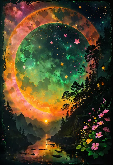 a painting of a full moon with a river and flowers