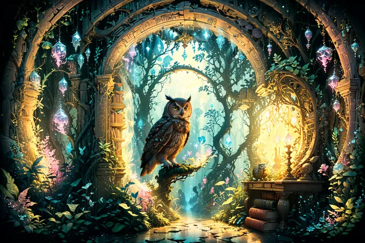 An ancient library hidden within an enchanted forest, illuminated by bioluminescent plants and floating crystals, as seen through the eyes of a curious owl at twilight. <lora:Lost_In_Dreams:0.7> <lora:xl_more_art-full_v1:0.6>, (masterpiece:1.2), best quali...