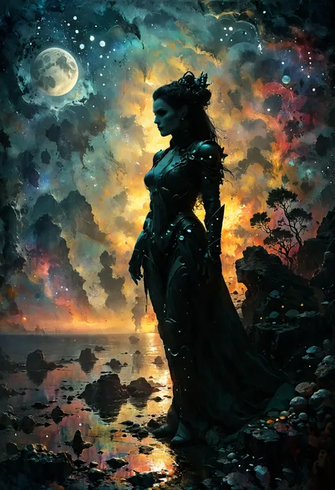 a painting of a woman standing on a rocky beach at night