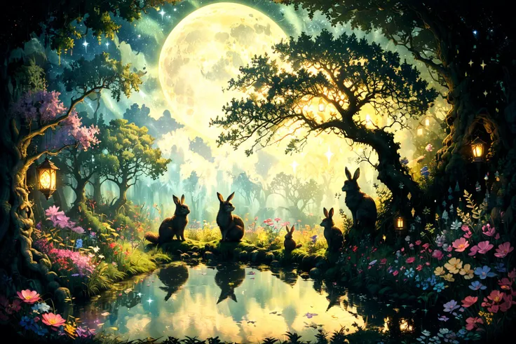 Imagine a serene and mystical forest clearing under a full moons soft glow. In the heart of this enchanted landscape, a grand, ancient oak tree stands tall, its branches stretching wide and adorned with glowing lanterns, casting gentle light upon the surro...