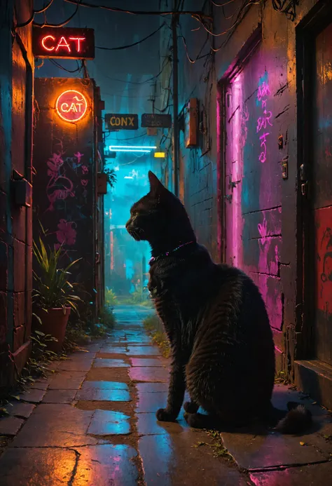 Black cat cross my path, I think every days gonna be my last, <lora:Lost_In_Dreams:0.6>, <lora:great_lighting:0.8> great lighting, Neon Lighting, <lora:cine:0.7> cin3