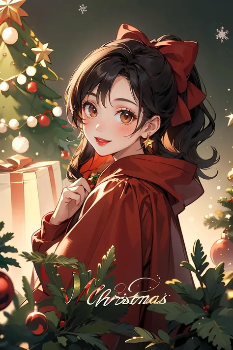 a woman in a red cape is standing in front of a christmas tree