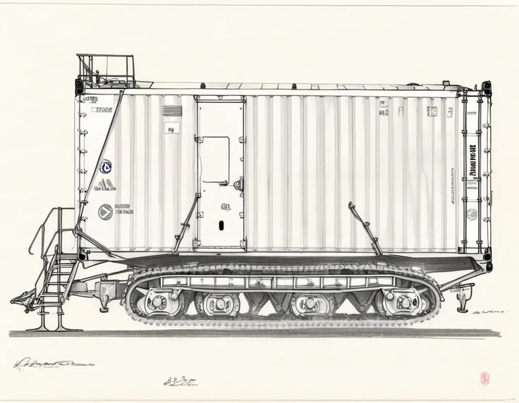 side view,(pencil sketch:1.2),drawing of a large shipping container on (tank treads:1.1) with a round superstructure,command vehicle,antennas,