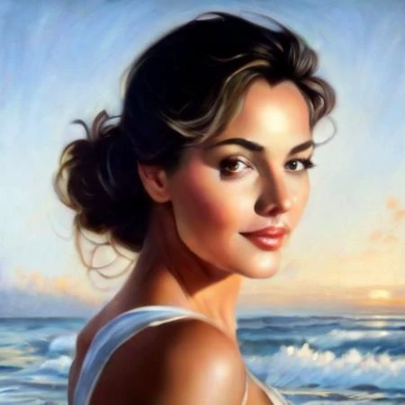 a painting of a woman in a white dress on the beach