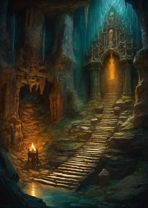 a painting of a cave with stairs leading to a door