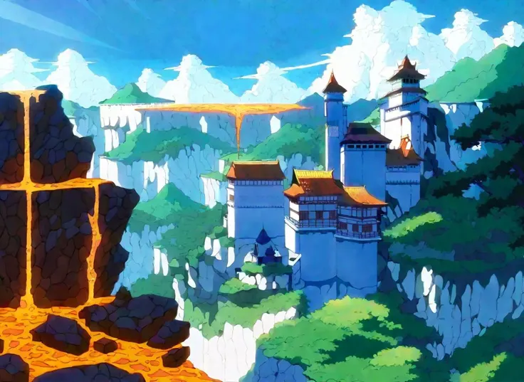 a close up of a painting of a castle on a cliff