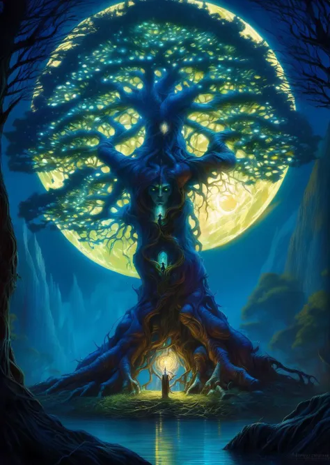 a painting of a tree with a man standing in front of it