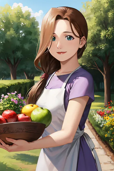 <lora:Trisha_Elric:1> trishaelric, purple_dress, apron, tied_hair, hair_down
masterpiece, best quality, absurdres, looking at viewer, smile, garden, countryside, holding bowl of fruit