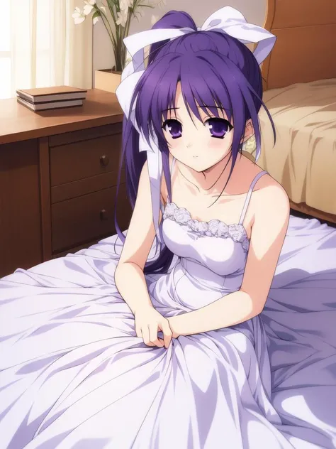 <lora:Itou_Noemi:0.8>ItouNoemi, 1girl, soro, blue_hair, long_hair, side_ponytail, ribbon, purple_eyes, hair_ribbon,
weddingdress, room, bed, 
masterpiece, high quality, very_high_resolution, large_filesize, full color,