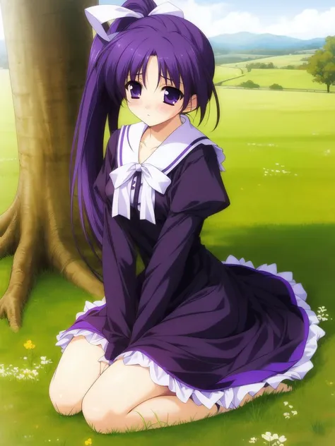 <lora:Itou_Noemi:0.8>,ItouNoemi, 1girl, solo, purple eyes, long hair, ponytail, dress, purple hair, long sleeves, shoes, sitting, ribbon, grass, hair ribbon, kneeling, blush, outdoors,
masterpiece, high quality, very_high_resolution, large_filesize, full c...