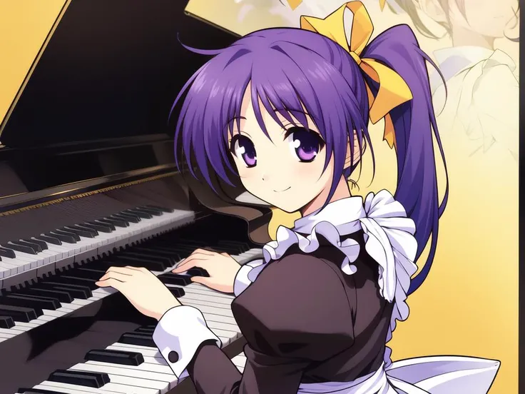 <lora:Itou_Noemi:0.8>,  ItouNoemi, 1girl, solo, sheet music, instrument, maid, piano, side ponytail, long hair, musical note, long sleeves, apron, blue hair, ribbon, grand piano, quarter note, smile, eighth note, purple eyes, beamed eighth notes, purple ha...