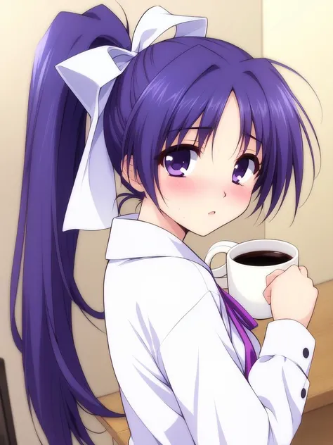 <lora:Itou_Noemi:0.8>,ItouNoemi, 1girl, solo, long hair, cup, shirt, side ponytail, long sleeves, mug, dress shirt, blush, looking at viewer, purple eyes, ribbon, white shirt, ponytail, hair ribbon, holding, upper body, blue hair,
masterpiece, high quality...