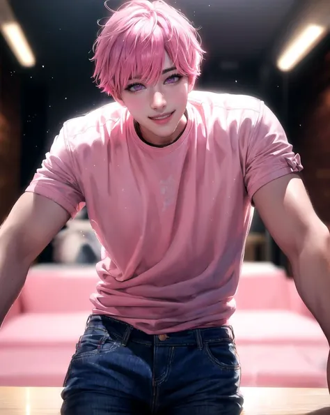 arafed man with pink hair sitting on a table in a room