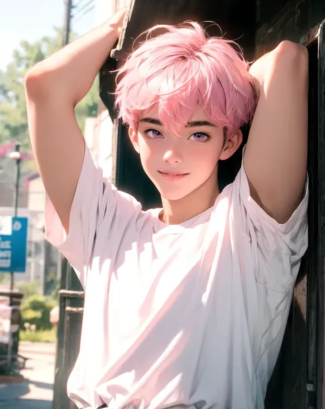 arafed girl with pink hair posing for a picture