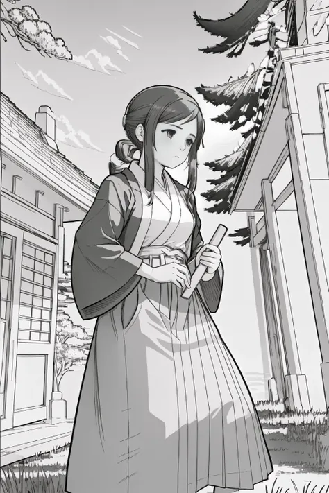 <lora:xtmx2.0:1>, lineart, monochrome,  1girl, solo, trees, grass, house, lightings,  <lora:hibiki:1>, hibikims, blush, skirt, japanese clothes, hakama skirt, from below, red hakama, looking at viewer, wind,  sword