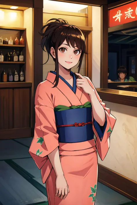 <lora:taeshimura-nvwls-v1-final:1> shimura tae, pink kimono, sash, floral print, sandals
masterpiece, best quality, absurdres, bar, snack bar, upper body, looking at viewer, smile