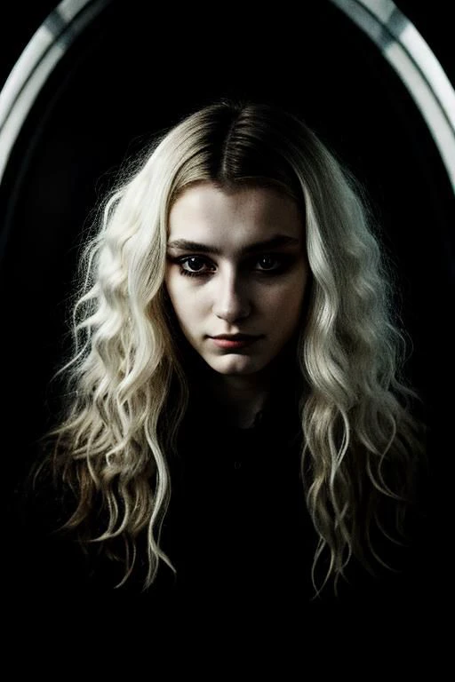 (PA7_Portrait-MS:0.5), face portrait of a russian girl, white wavy hair, black locks, wearing avant-garde haute-couture, serious half-smirk expression, in a dark room aboard a space ship