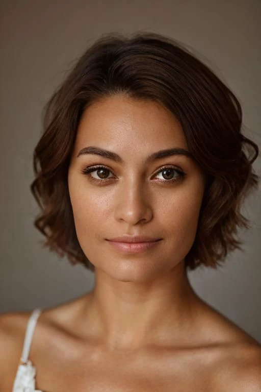 a woman with a white top and brown hair posing for a picture