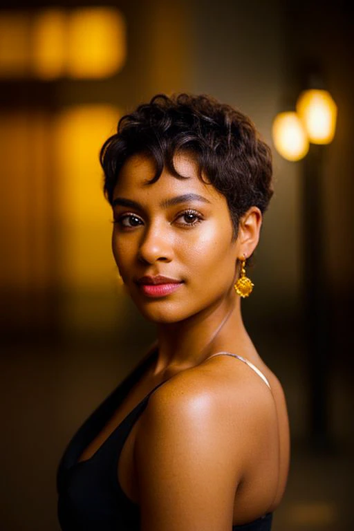 a close up of a woman with a black dress and earrings