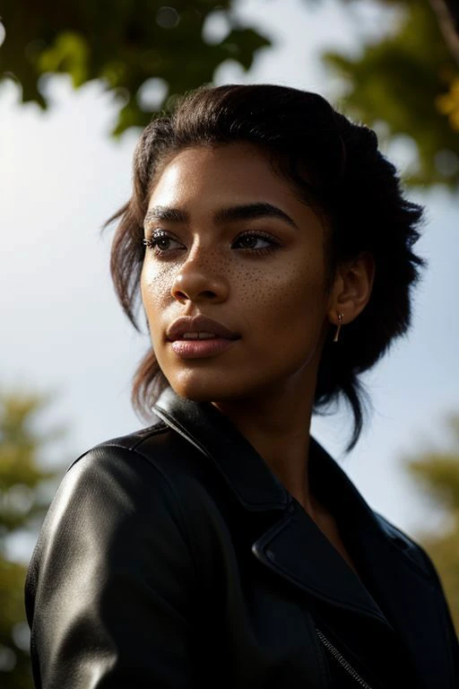 <lora:epiCRealismHelper:0.7>, epiCRealism, candid photography, photograph of extremely beautiful african woman, striking facial features, perfect eyes, crystal clear, freckles, blemishes, medium hair, wearing leather coat, sun light, bloom, god rays, ambie...