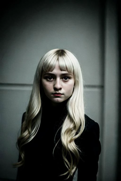 (PA7_Portrait-MS:0.5), face portrait of a short russian girl, (round hips:0.4), white wavy hair, black locks, wearing avant-garde haute-couture,  in a dark room