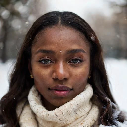 PA7_Portrait-HL_v2, epiCRealism, dark-skinned women, enjoying snowfall, in motion, bottom-up view, stands out with bright winter outfit, energetic and lively scene, bright rich colors