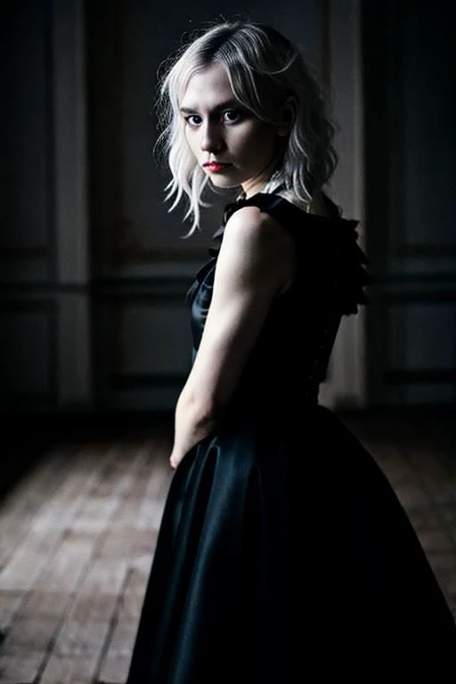 a woman in a black dress standing in a room