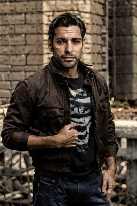 arafed man in a brown jacket standing in front of a brick building