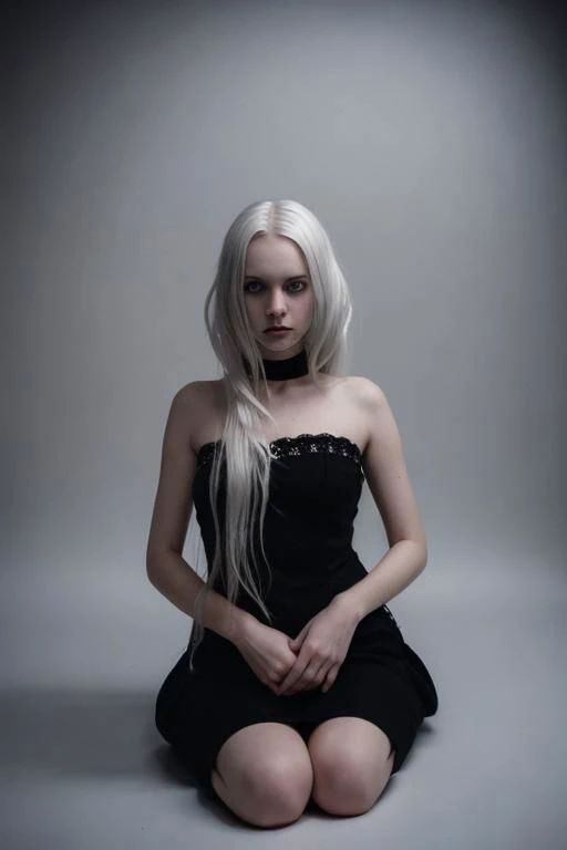 a woman with white hair sitting on the floor in a black dress