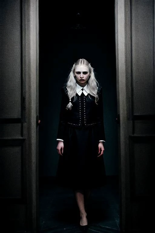 a woman with white hair and black dress standing in a doorway