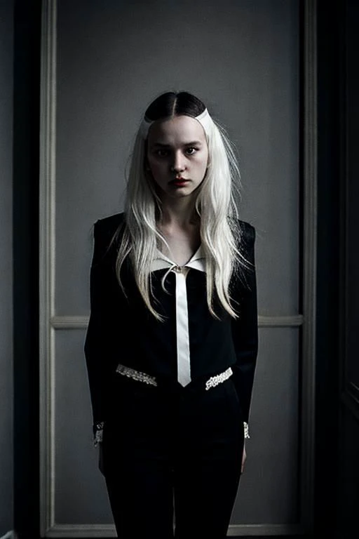 arafed woman in a black suit and white tie standing in a dark room