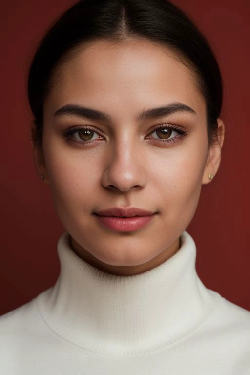 Fashion photography, half length portrait of native american woman, striking facial features, short hair, natural makeup, middle smile, wearing turtleneck sweater, Santa hat, dramatic lighting, red background, shot on Fujifilm XT3, 50mm lens, Fuji color, v...