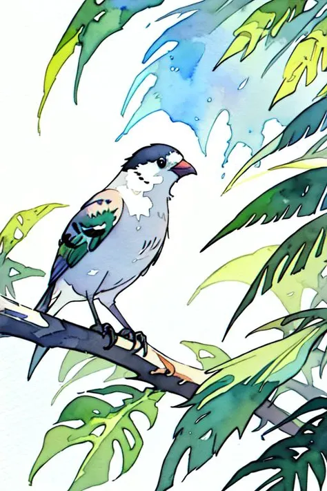 a bird is sitting with a white background, (a watercolor painting), <lora:MINT_ArtistToolLORA_v1:1.0>