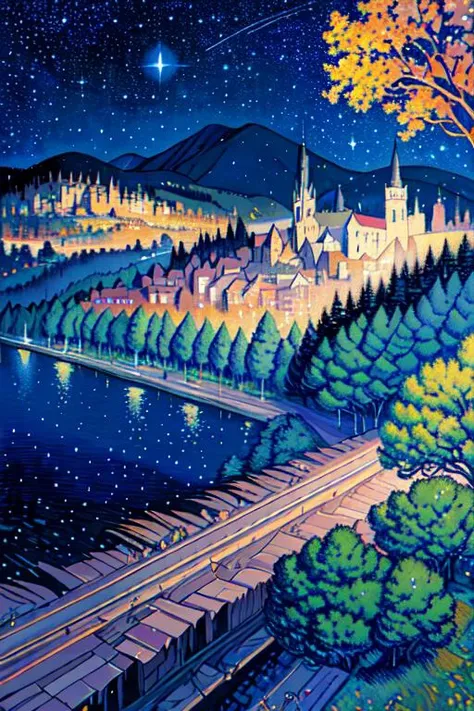 a painting of a starry night with a tree in the foreground and a city in the background with buildings and hills in the foreground, (a pointillism painting)<lora:MINT_ArtistToolLORA_v1:1.0>