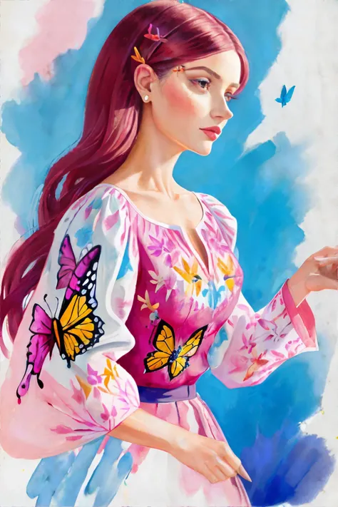 <lora:mint:1.0>, (gouache painting), woman wearing wearing butterfly-sleeve blouse in vibrant prints with billowy sleeves || <lora:mint:1.0>, masterpiece, perfect quality, sharp focus, shallow depth of field, 8k