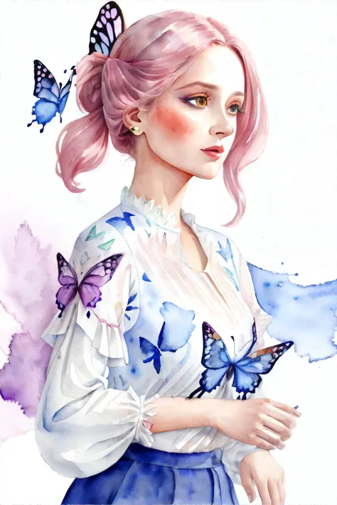 <lora:mint:1.0>, (watercolor painting), woman wearing wearing butterfly-sleeve blouse in vibrant prints with billowy sleeves || <lora:mint:1.0>, masterpiece, perfect quality, sharp focus, shallow depth of field, 8k