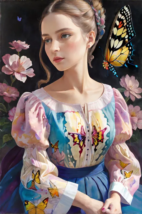 <lora:mint:1.0>, (oil painting), woman wearing wearing butterfly-sleeve blouse in vibrant prints with billowy sleeves || <lora:mint:1.0>, masterpiece, perfect quality, sharp focus, shallow depth of field, 8k