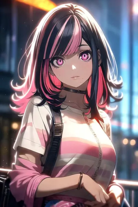 a woman with pink hair and a pink shirt is standing in front of a building