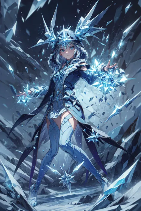 1girl, solo, <lora:Ice_Cicin:0.7> Ice_Cicin, <lora:add_detail:0.7>, <lora:Concept - Cryomancer:0.5> ice-flurry, snow, ice-shard, ice, crystal,magic, cryokinesis, dynamic pose, fighting stance, casting spell