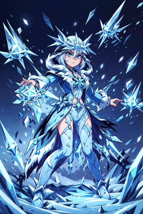 1girl, solo, <lora:Ice_Cicin:0.7> Ice_Cicin, <lora:add_detail:0.7>, <lora:Concept - Cryomancer:0.5> ice-flurry, snow, ice-shard, ice, crystal,magic, cryokinesis, dynamic pose, fighting stance, casting spell