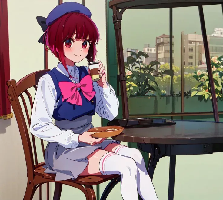 unparalleled masterpiece,intricate detail, kana arima, 1girl, looks at the viewer, smile, holding coffee, cafe, sits by the table, sit, chair (masterpiece:1.4),(best quality:1.4) Arima Kana, hat, blue headwear, beret, blunt bangs, shirt, long_sleeves, scho...